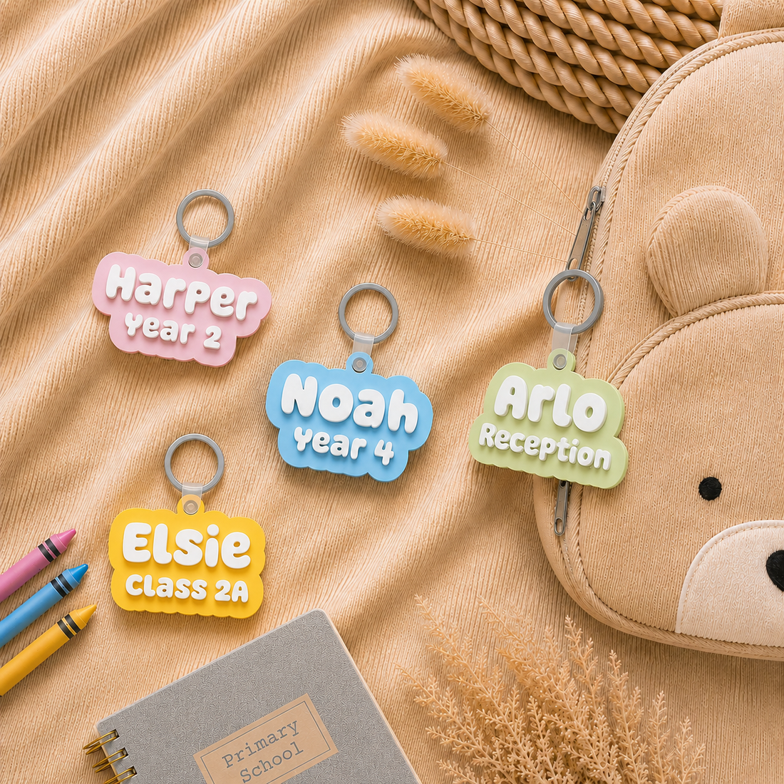 Cute Bubbly name tags in pastel colours topped in white, back to school ready name tags for kids bags